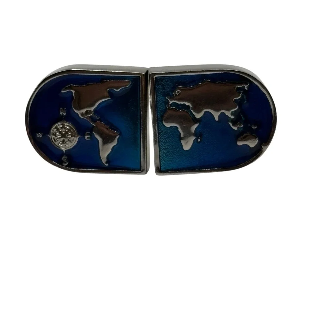 World Map‎ Cufflinks Blue Enamel Silver Tone Bullet Back Globe Navigation Travel